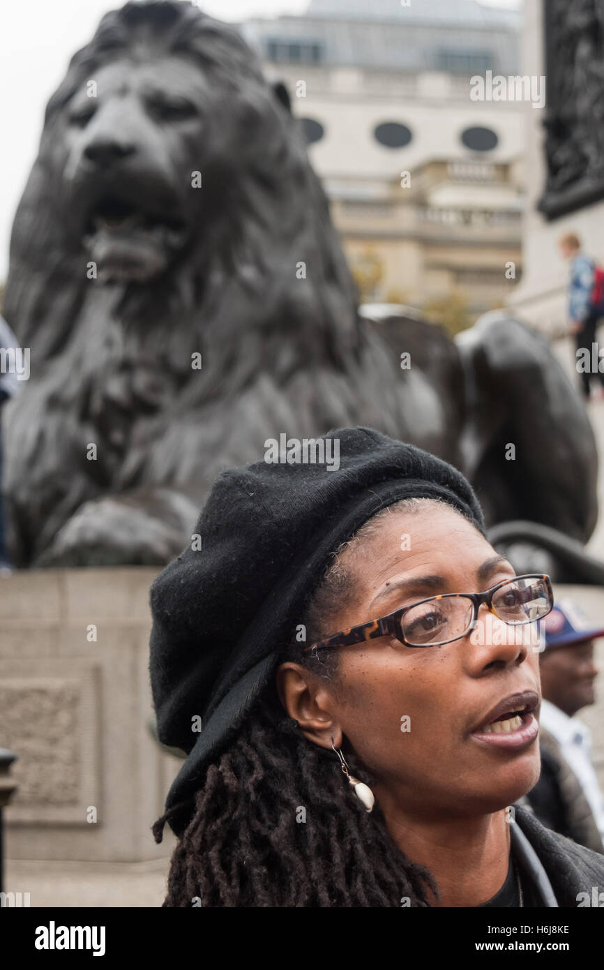 London, UK. 29th October 2016. Marcia Rigg , whose borther Sean Rigg was killed by police in Brixton police station in 2008 givers an interview in Trafalgar Square before the start of the annual march by The Families and friends of people killed by police or in prison. Peter Marshall/Alamy Live News Stock Photo