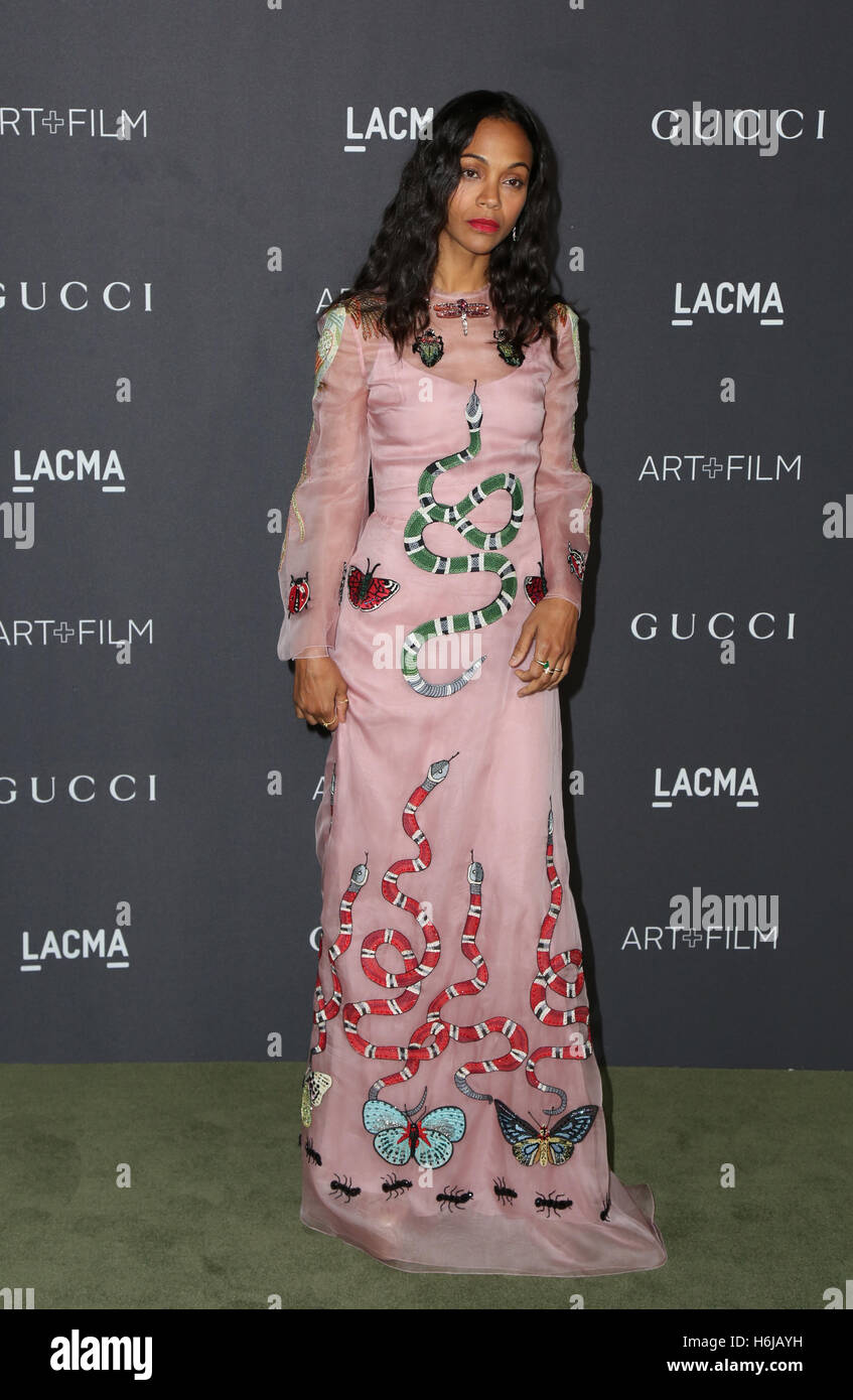 LOS ANGELES, CA - OCTOBER 29: Zoe Saldana attends the 2016 LACMA Art + Film Gala honoring Robert Irwin and Kathryn Bigelow presented by Gucci at LACMA on October 29, 2016 in Los Angeles, California. (Credit: Parisa Afsahi/MediaPunch). Stock Photo