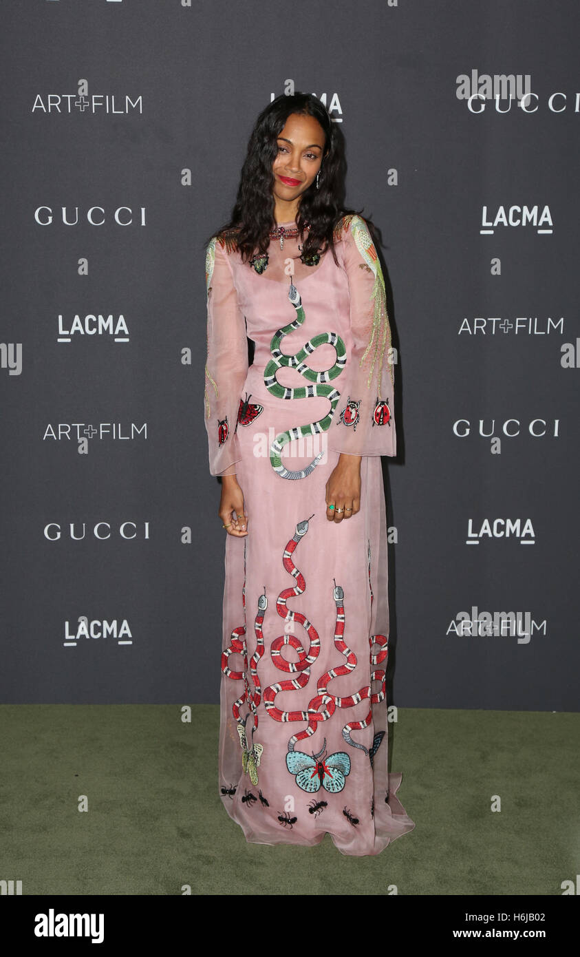LOS ANGELES, CA - OCTOBER 29: Zoe Saldana attends the 2016 LACMA Art + Film Gala honoring Robert Irwin and Kathryn Bigelow presented by Gucci at LACMA on October 29, 2016 in Los Angeles, California. (Credit: Parisa Afsahi/MediaPunch). Stock Photo