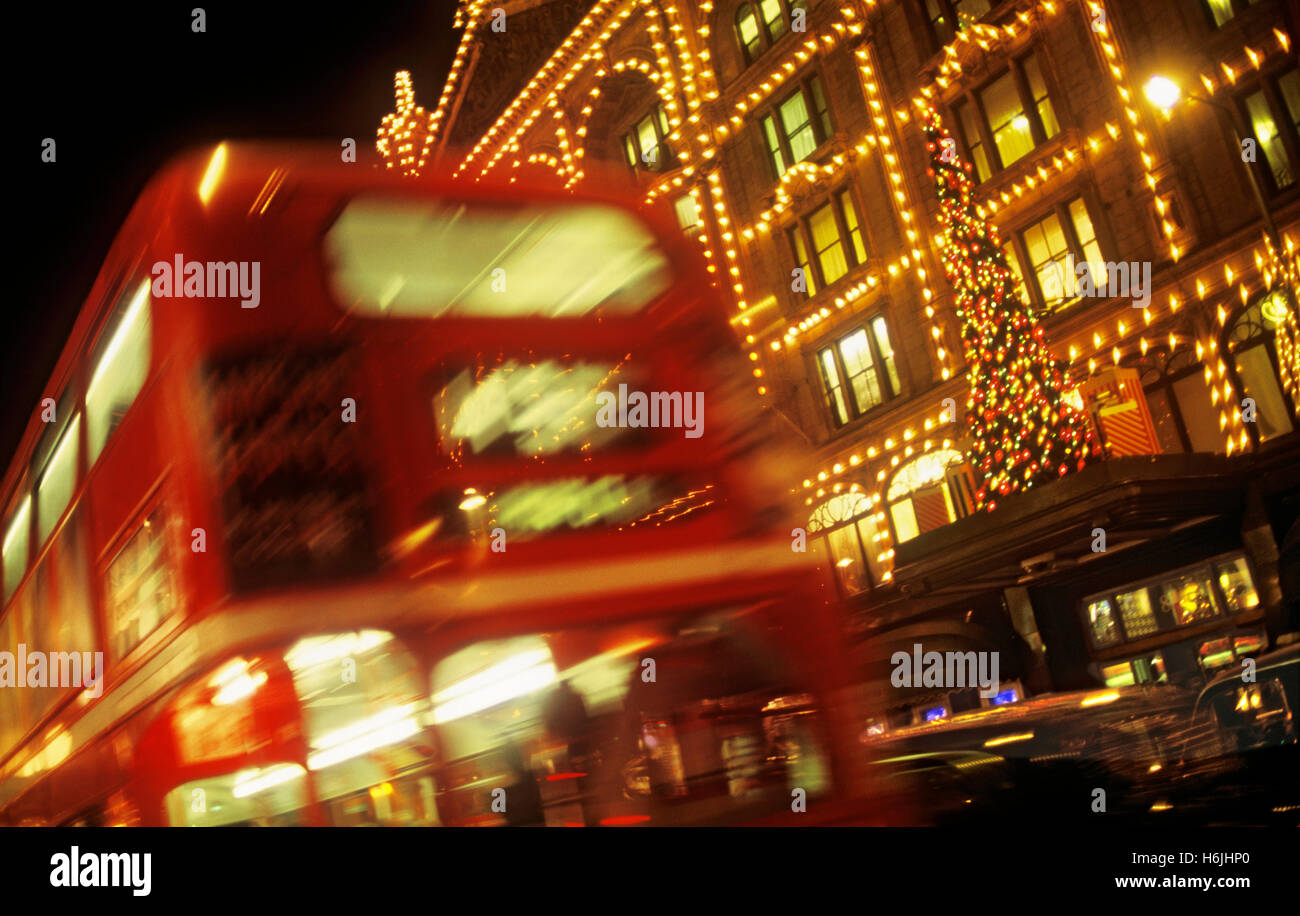 CHRISTMAS BLUR BUSY BUS LIGHTS Harrods department store with Christmas