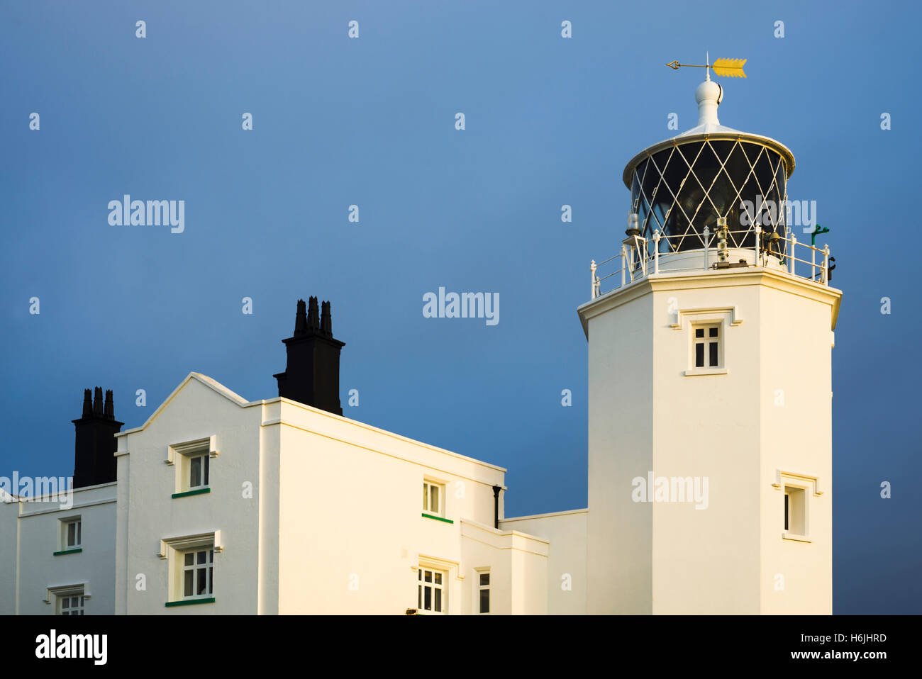 Lizard Point Lighthouse tower at the southernmost cape of Great Britain Lizard Point, Cornwall, England at sunrise Stock Photo