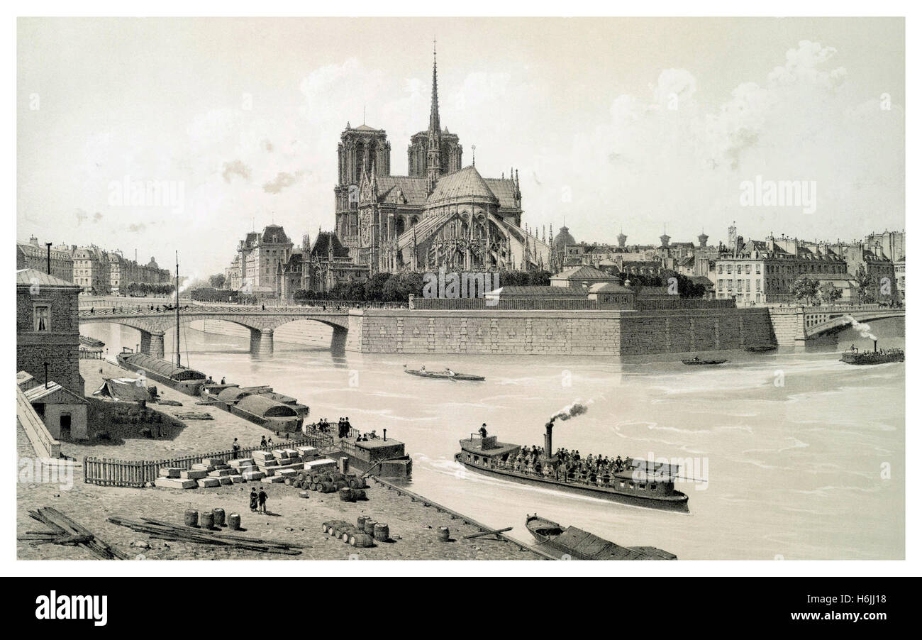 NOTRE DAME HISTORIC VINTAGE ILLUSTRATION Isle de Paris featuring Notre Dame cathedral 1800's with early pleasure boat and passengers Stock Photo