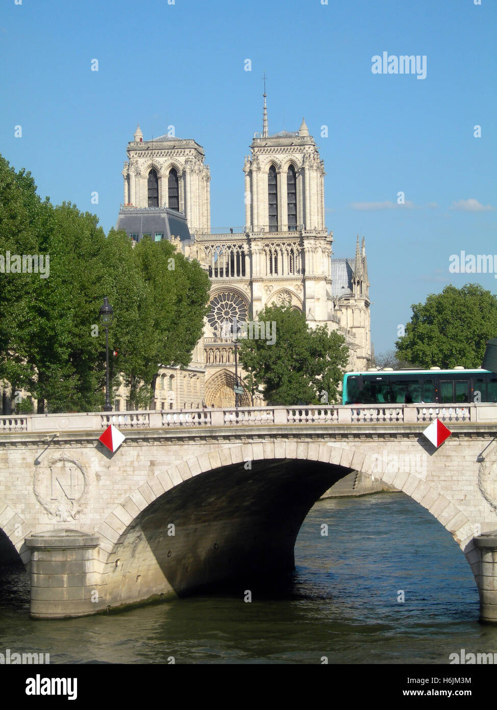 bridge Pont Notre Dame River Seine Notre Dame Cathedral Paris France Europe Stock Photo