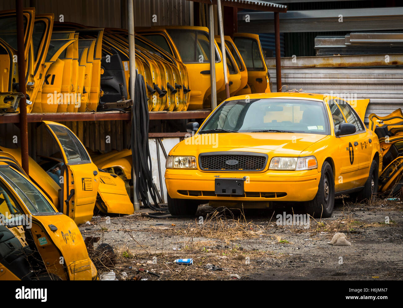 Yellow taxi cab junk yard / repair garage with spare doors stacked beside the cars. Stock Photo