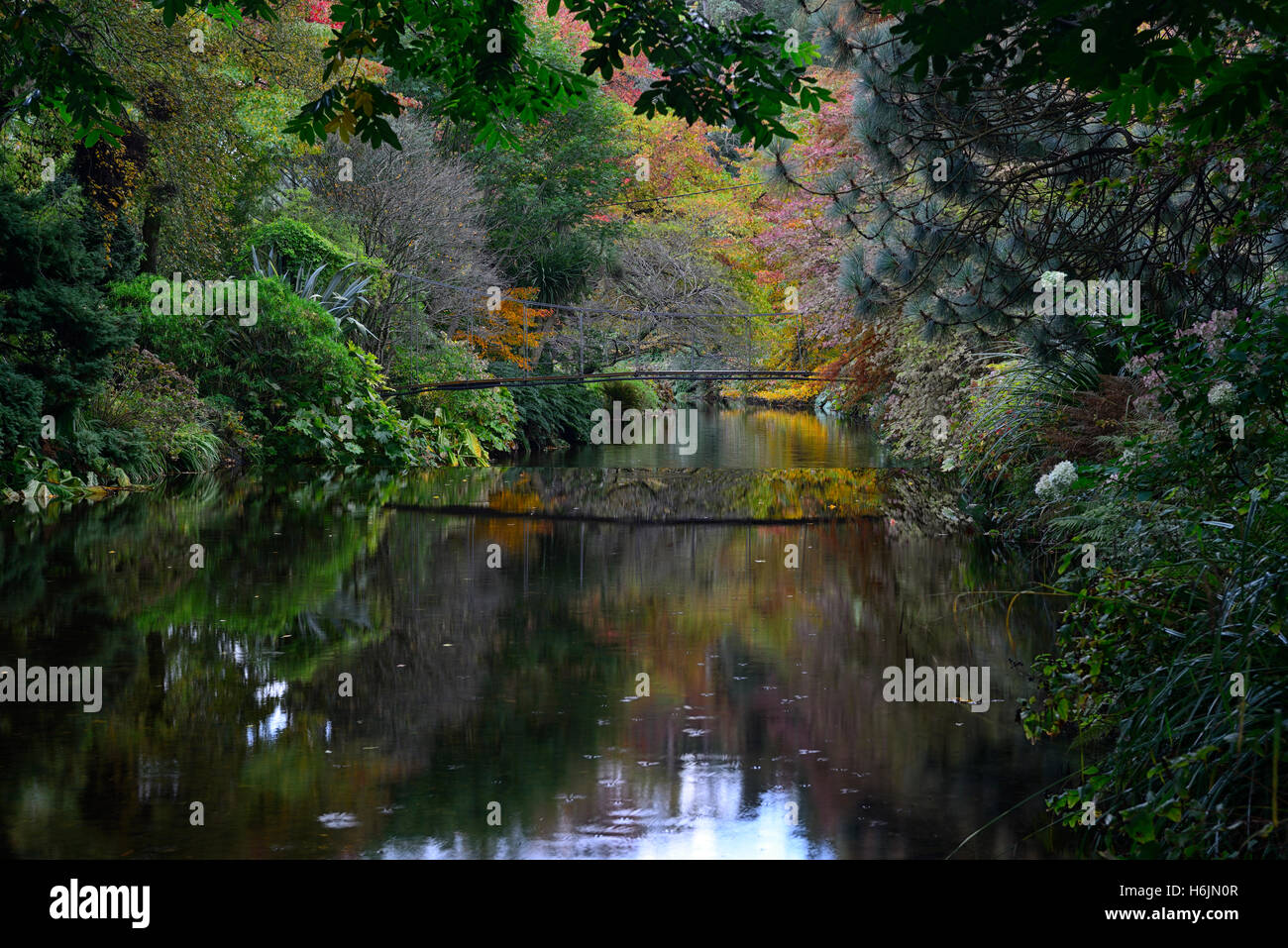 Foot bridge reflected reflect reflection Vartry river Mount Usher gardens Wicklow Autumn autumnal color colours RM Floral Stock Photo