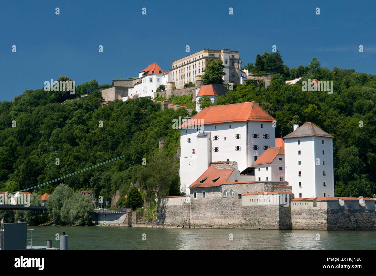 Veste Niederhaus and Veste Oberhaus fortresses, Danube, Passau, Bavarian Forest, Bavaria Stock Photo