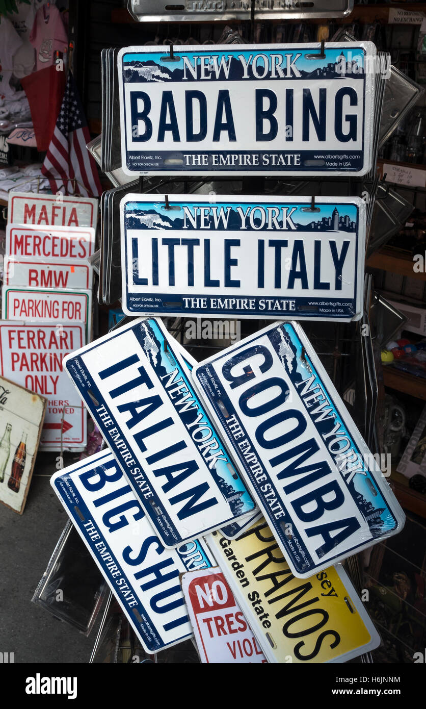 Humorous fake license plates for sale on MUlberry Streetin Little Italy, New York City Stock Photo