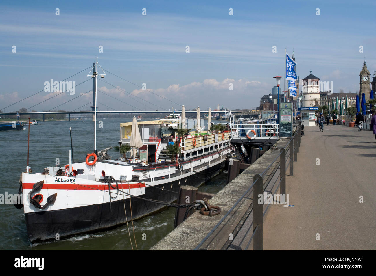 Restaurant boat at the Rheinuferpromenade, River Rhine Promenade, Duesseldorf, state capital of North Rhine-Westphalia Stock Photo