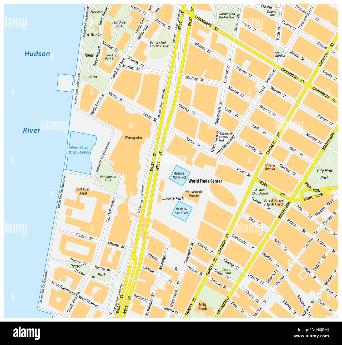 Map downtown Manhattan World Trade Center, New York City Stock Vector