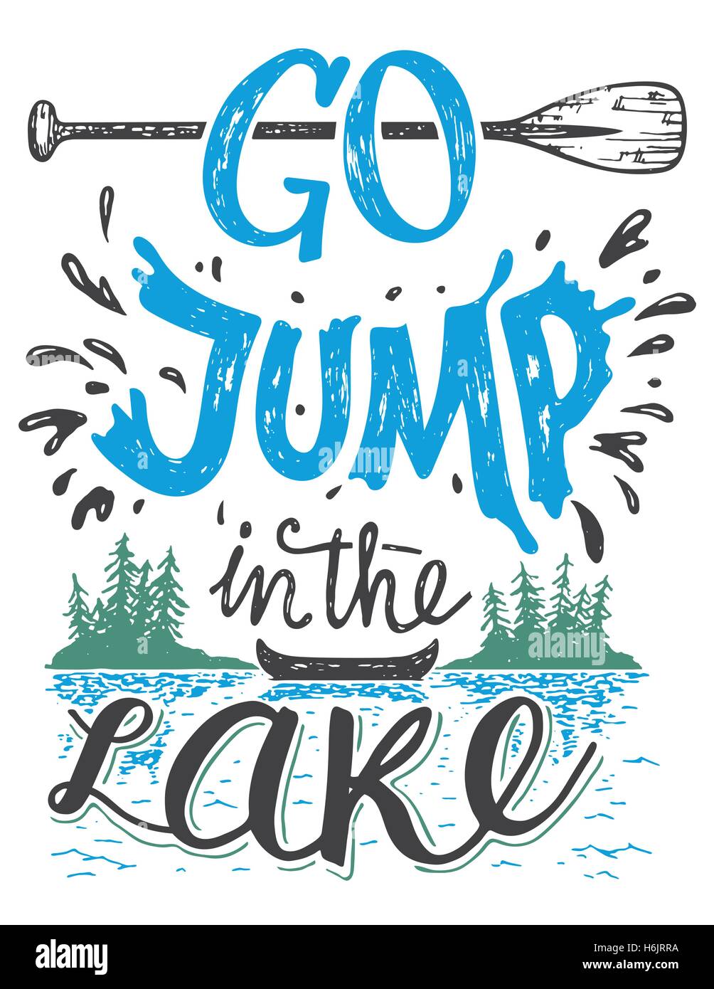 Go jump in the lake. Lake house decor sign in vintage style. Lake sign for rustic wall decor. Lakeside living cabin, cottage han Stock Vector