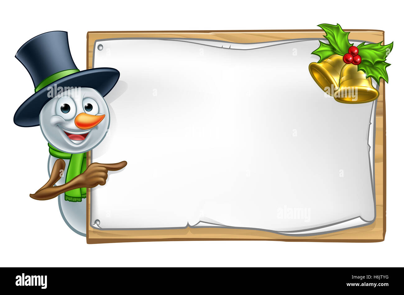 Christmas snowman cartoon character peeking around wooden scroll sign with gold bells and holly and pointing Stock Photo