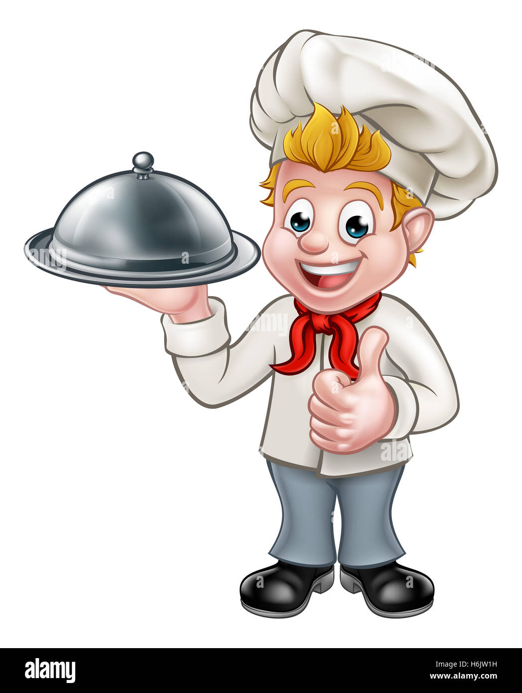 Cartoon chef or baker character giving thumbs up and holding a plate cloche domed tray Stock Photo