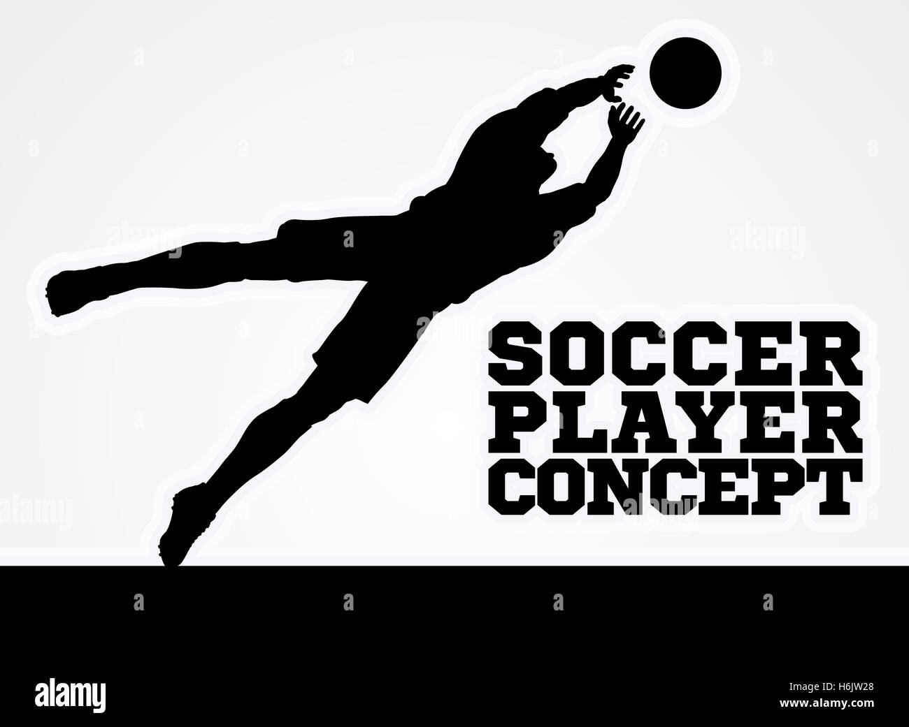 A stylised illustration of a silhouette soccer football player keeper saving a goal diving catching the ball Stock Photo