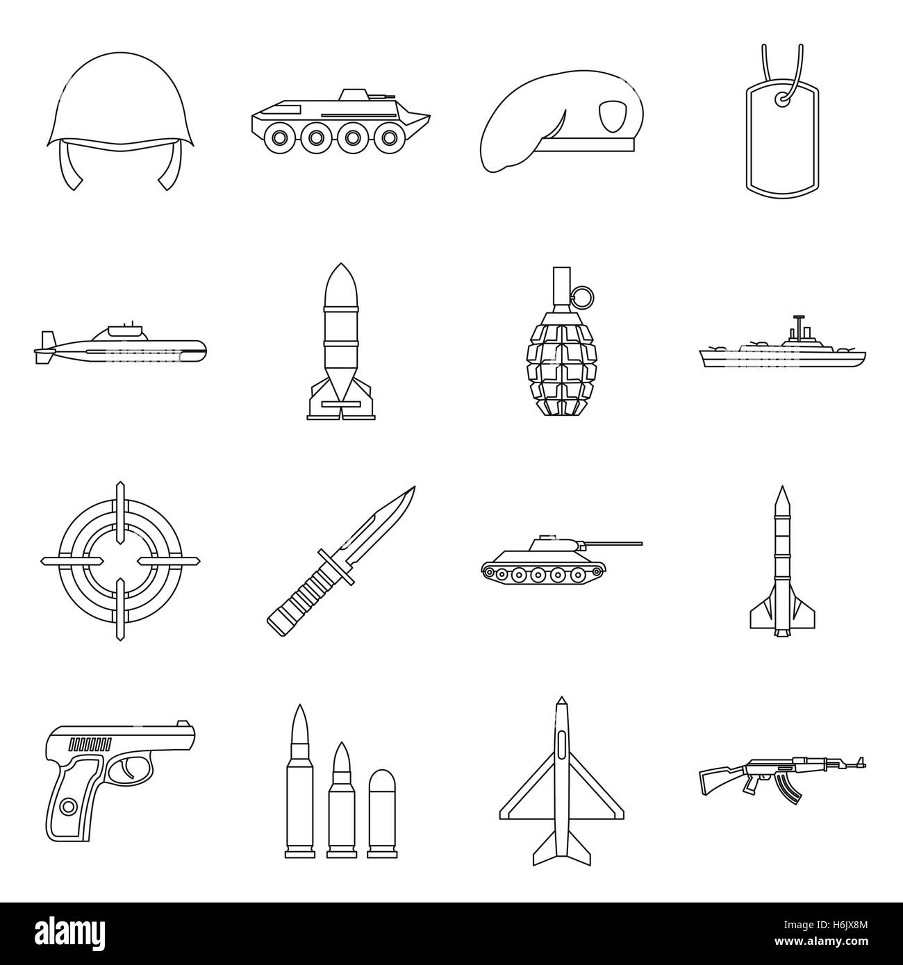 Military icons set, outline style Stock Vector