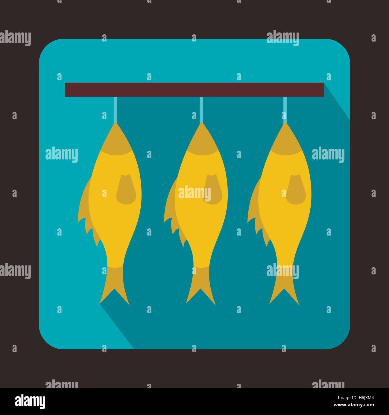 Three dried fish hanging on a rope icon Stock Vector