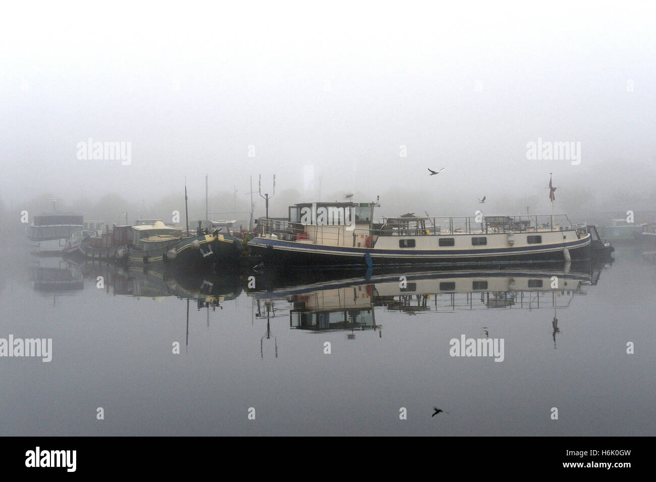 Boats are covered by mist in Poplar Basin, London. Stock Photo