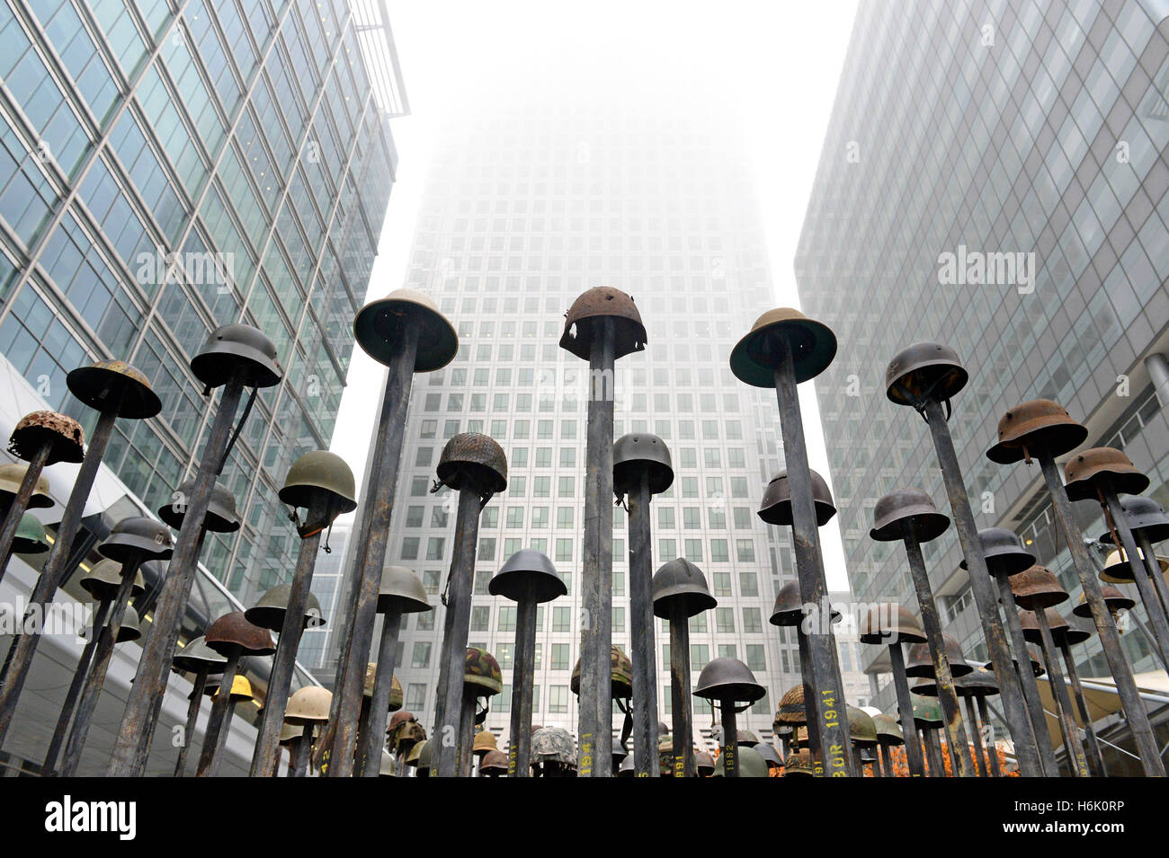 A piece called Lost Soldiers by artist Mark Humphrey, which is part of the UK'¢'s first Remembrance Art Trail, in association with the Royal British Legion and constructed with the help of the Corps of Royal Engineers, consisting of seven art installations in Canary Wharf, London. Stock Photo