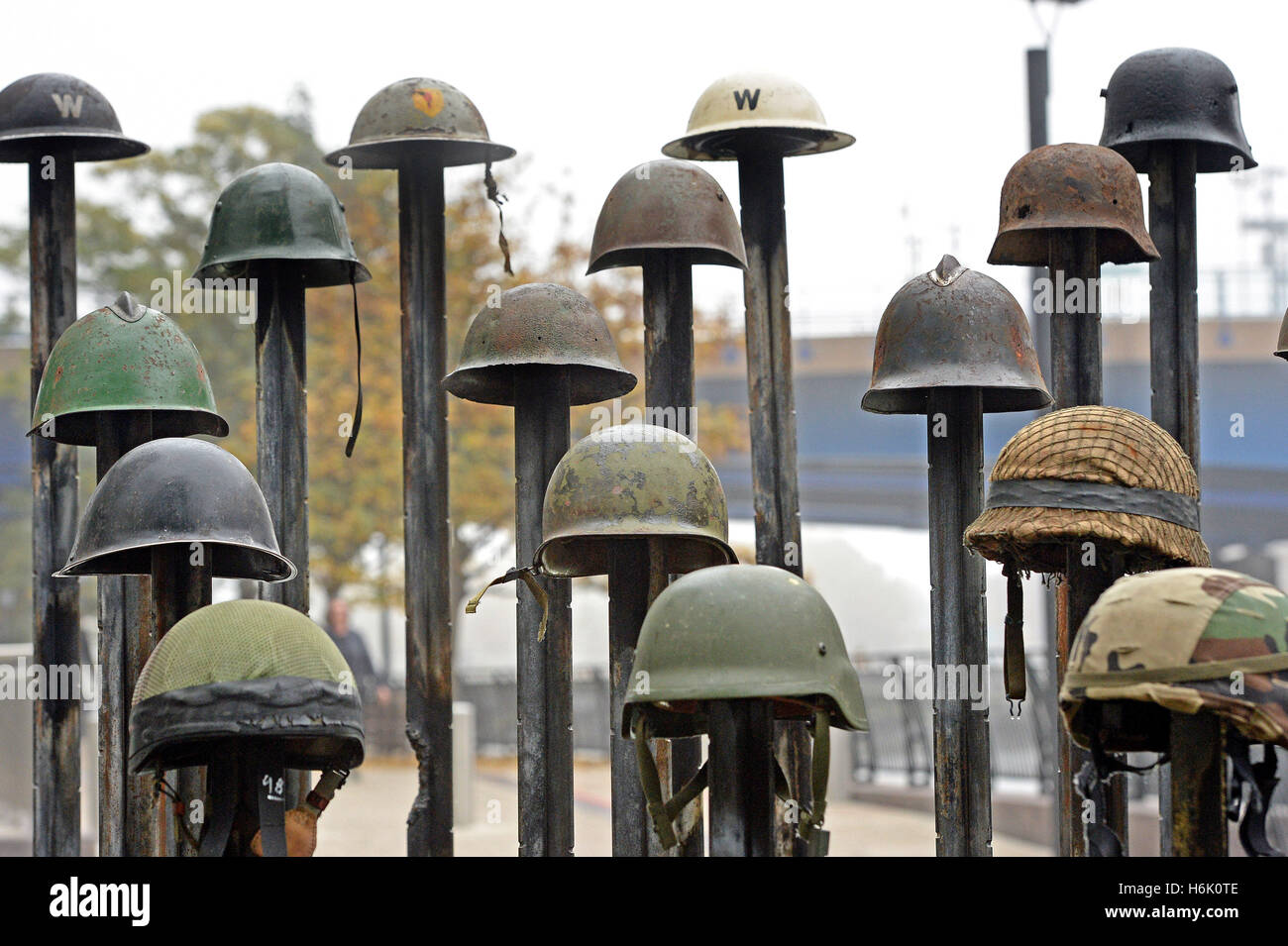 A piece called Lost Soldiers by artist Mark Humphrey, which is part of the UK'¢'s first Remembrance Art Trail, in association with the Royal British Legion and constructed with the help of the Corps of Royal Engineers, consisting of seven art installations in Canary Wharf, London. Stock Photo