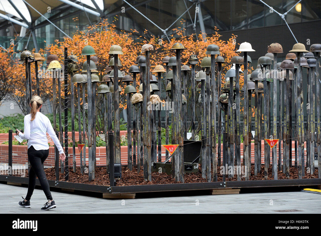 A piece called Lost Soldiers by artist Mark Humphrey, which is part of the UK's first Remembrance Art Trail, in association with the Royal British Legion and constructed with the help of the Corps of Royal Engineers, consisting of seven art installations in Canary Wharf, London. Stock Photo