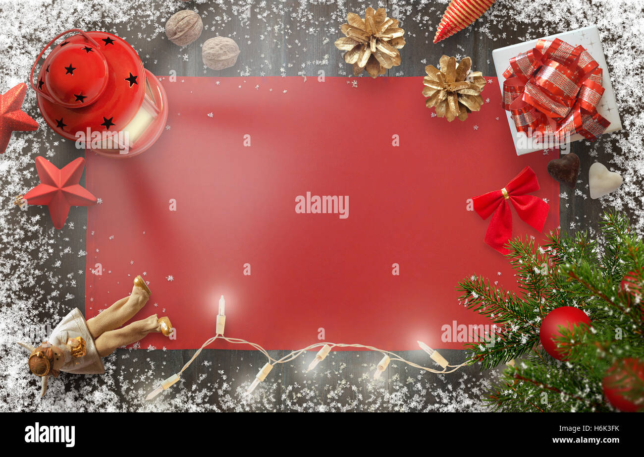 Christmas New Year background image with decorations and gifts on wooden board. Stock Photo