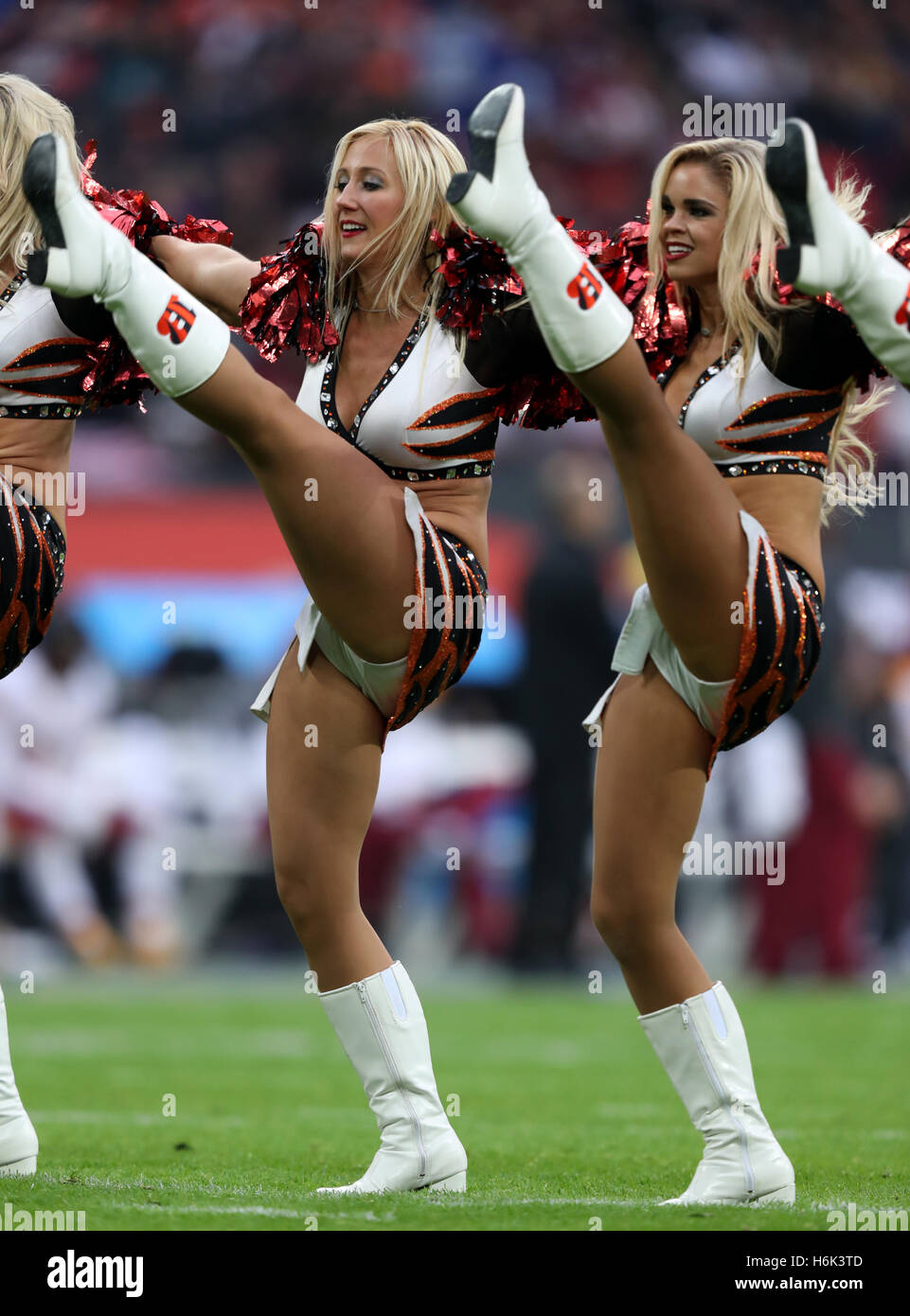 Cincinnati Bengals cheerleaders during the NFL International Series match at Wembley Stadium, London. Stock Photo