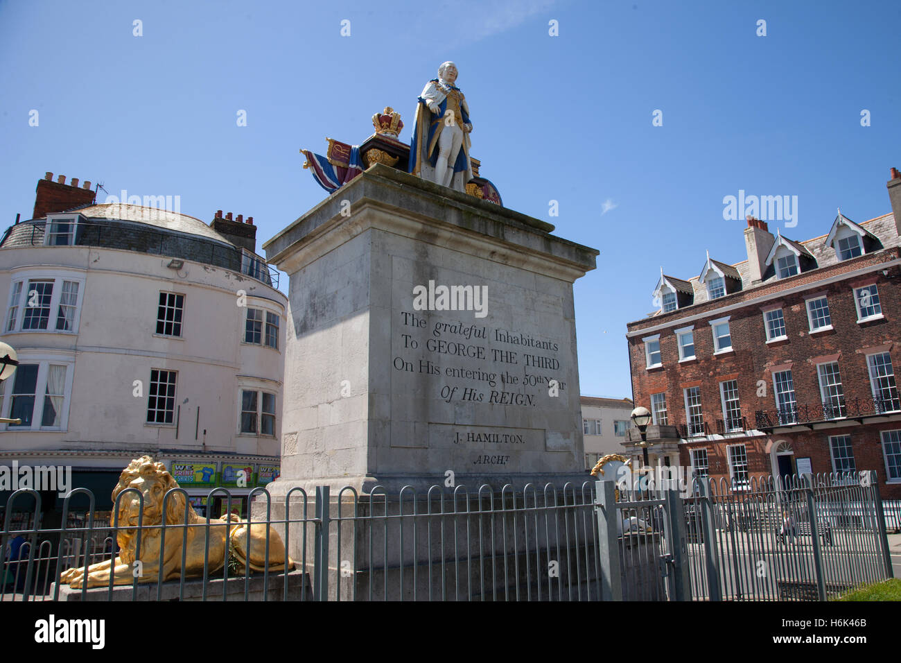 Statue of King George third 3rd in Weymouth, erected to celebrate him entering the 50th year of his reign Stock Photo