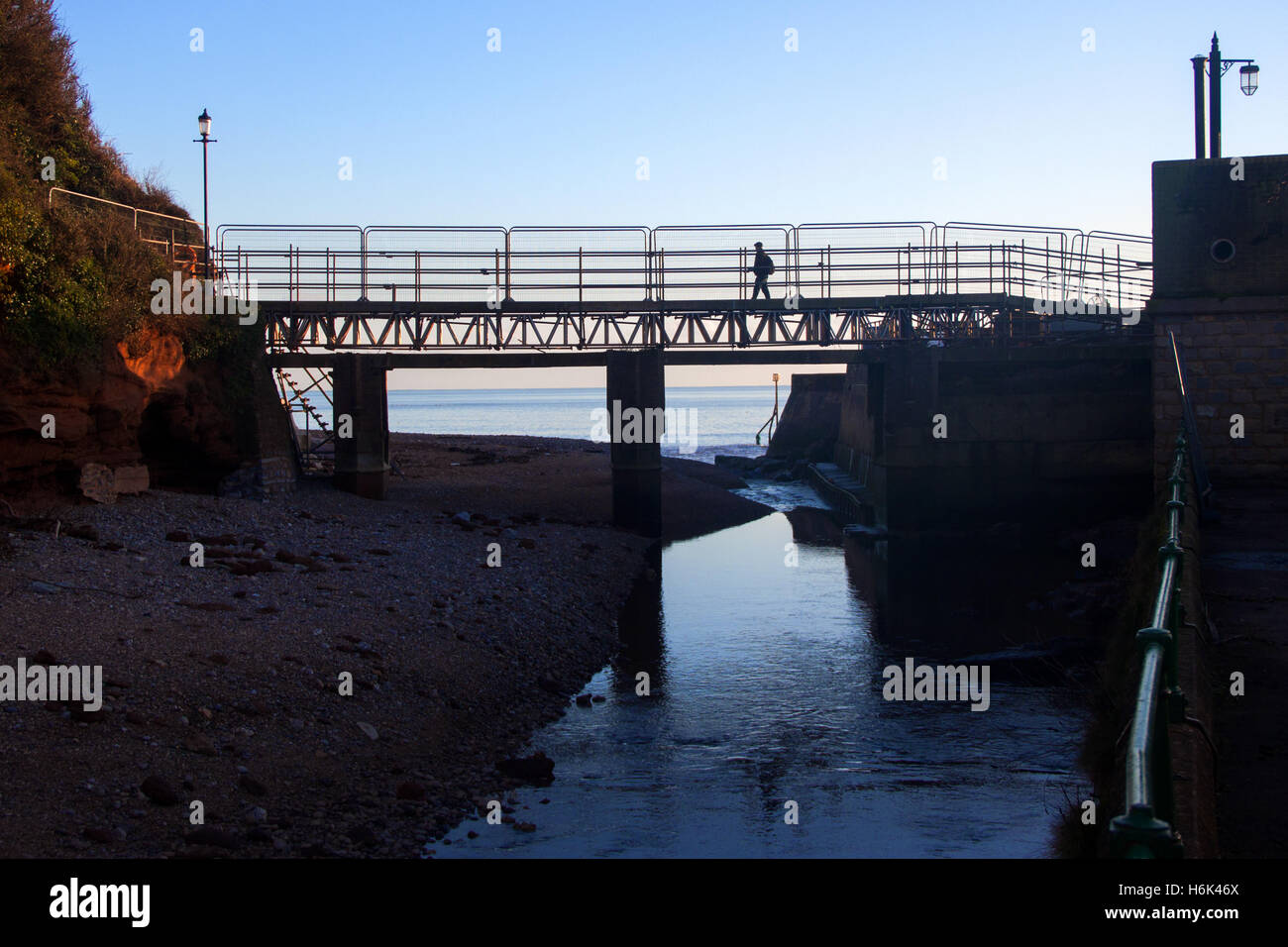 Sidmouth. The Alma bridge over the River Sid at Sidmouth, Devon, a temporary structure soon to be moved up river due to cliff erosion. Stock Photo