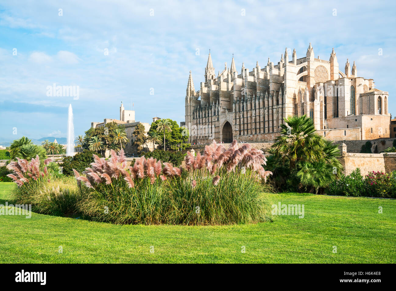 Spain, Palma de Majorca, view of the Cathedral with a garden in the foreground Stock Photo