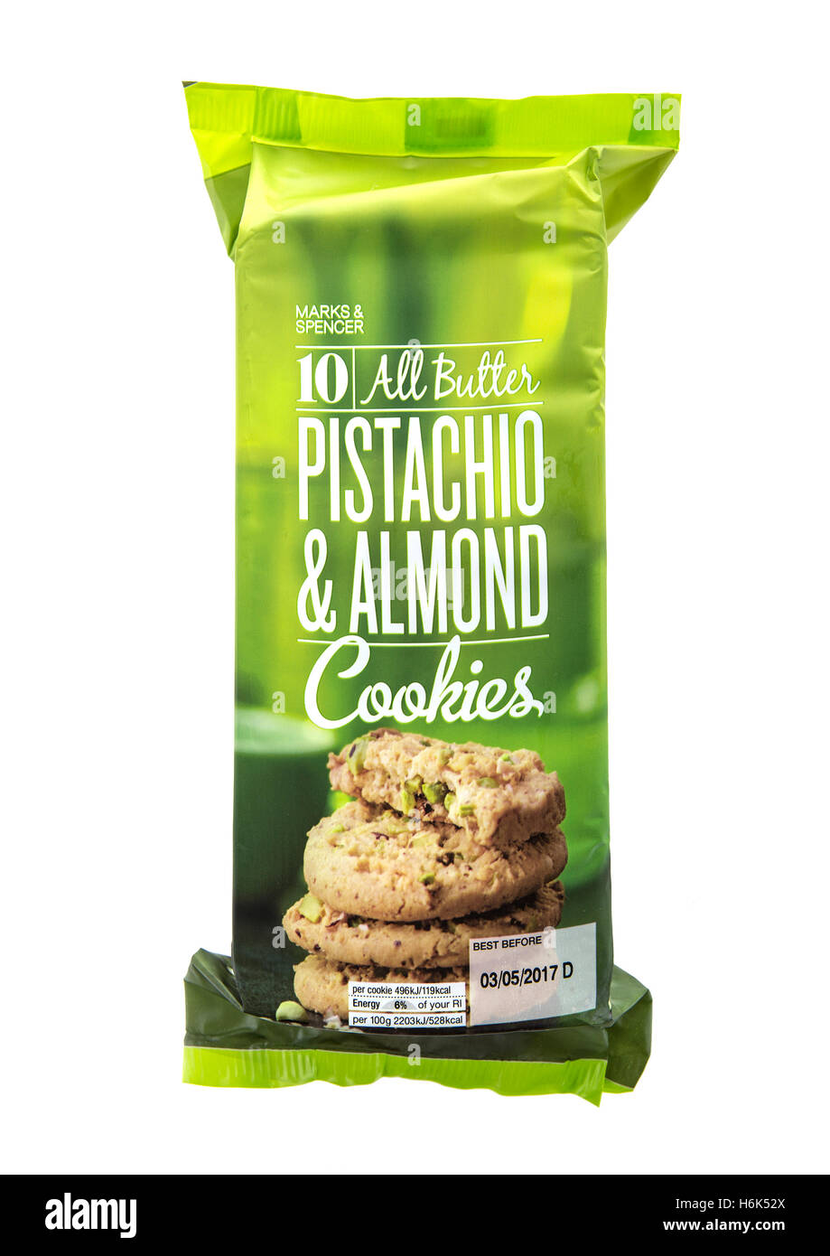 Marks and Spencer Pistachio and Almond all Butter Cookies on a white background. Stock Photo