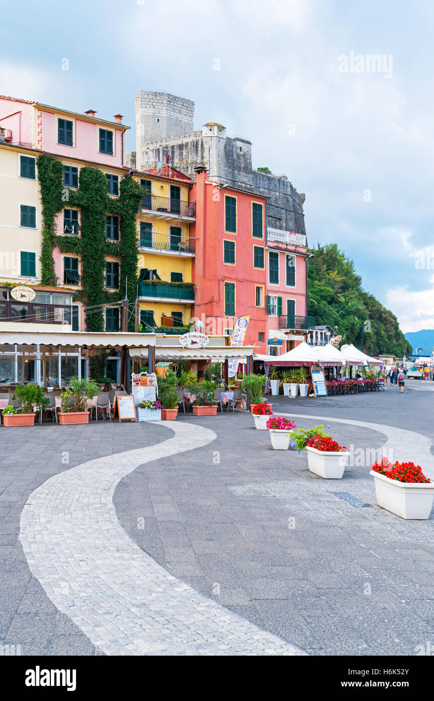 Lerici, Italy - September 30 2016: The colored traditional houses of Garibaldi square on the seafront Stock Photo