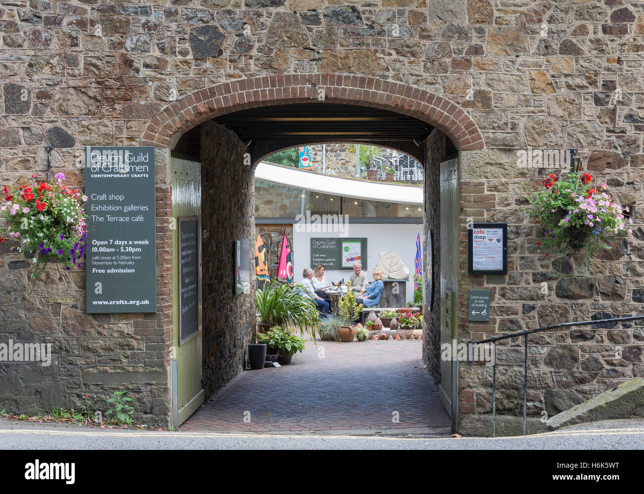 Entrance to Devon Guild of Craftsmen, Riverside Mill, Fore Street, Bovey Tracey, Devon, England, United Kingdom Stock Photo