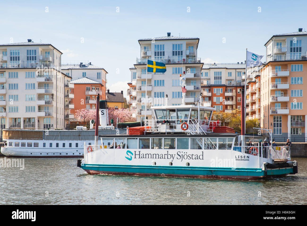 Stockholm, Sweden - May 3, 2016: Small passenger ferry Lisen with ordinary people on board, regular public transportation Stock Photo