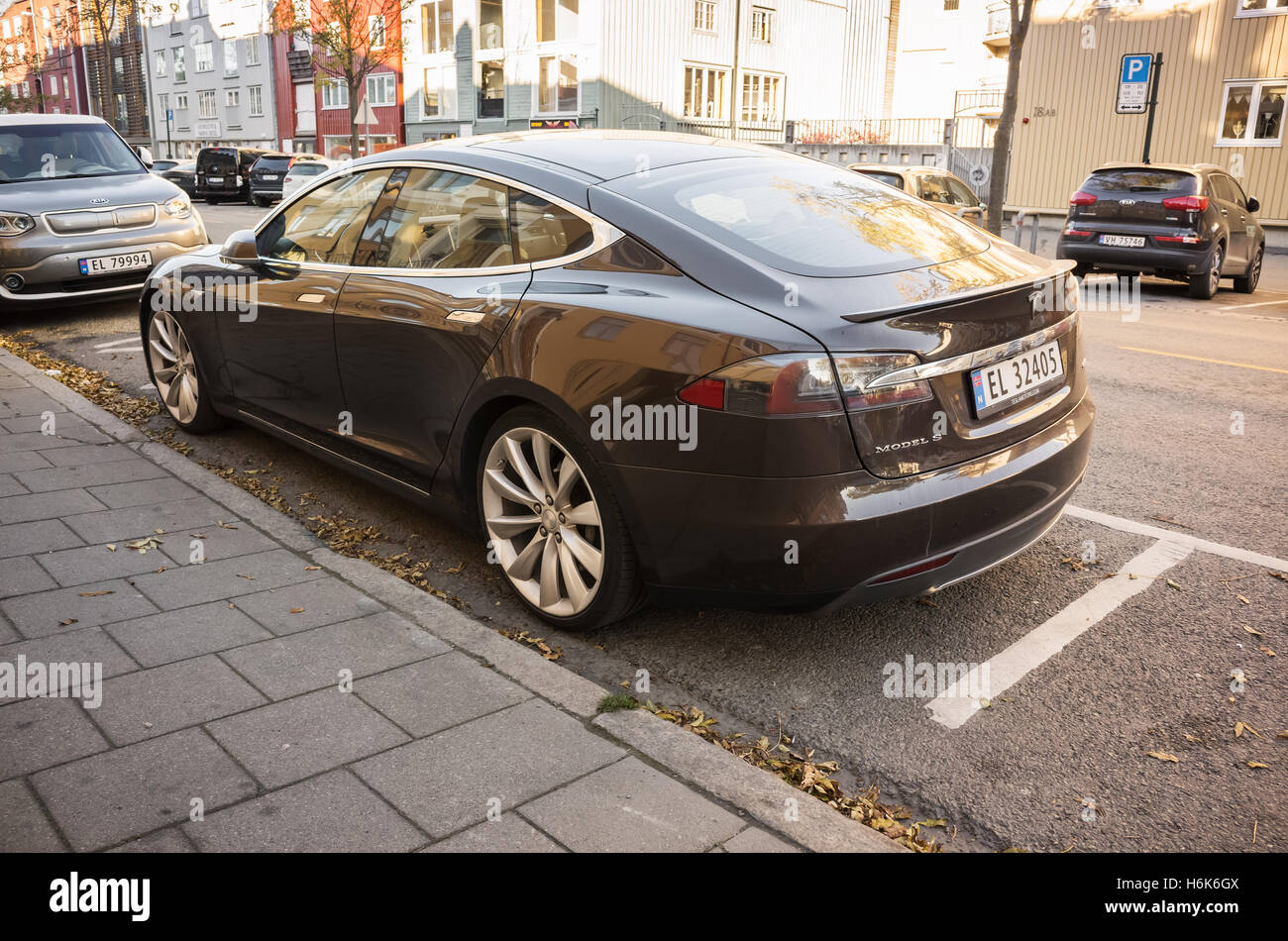 Trondheim, Norway - October 19, 2016: Black Tesla model S, full-size all-electric five-door, luxury liftback, produced by Tesla Stock Photo