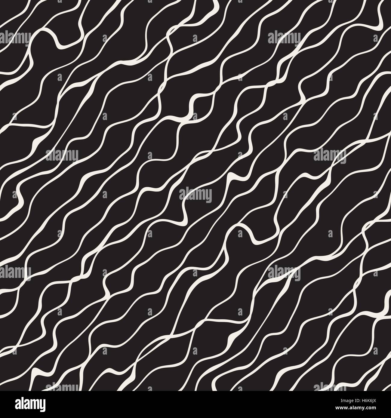 Vector Seamless Black and White Hand Drawn Diagonal Wavy Lines Pattern ...