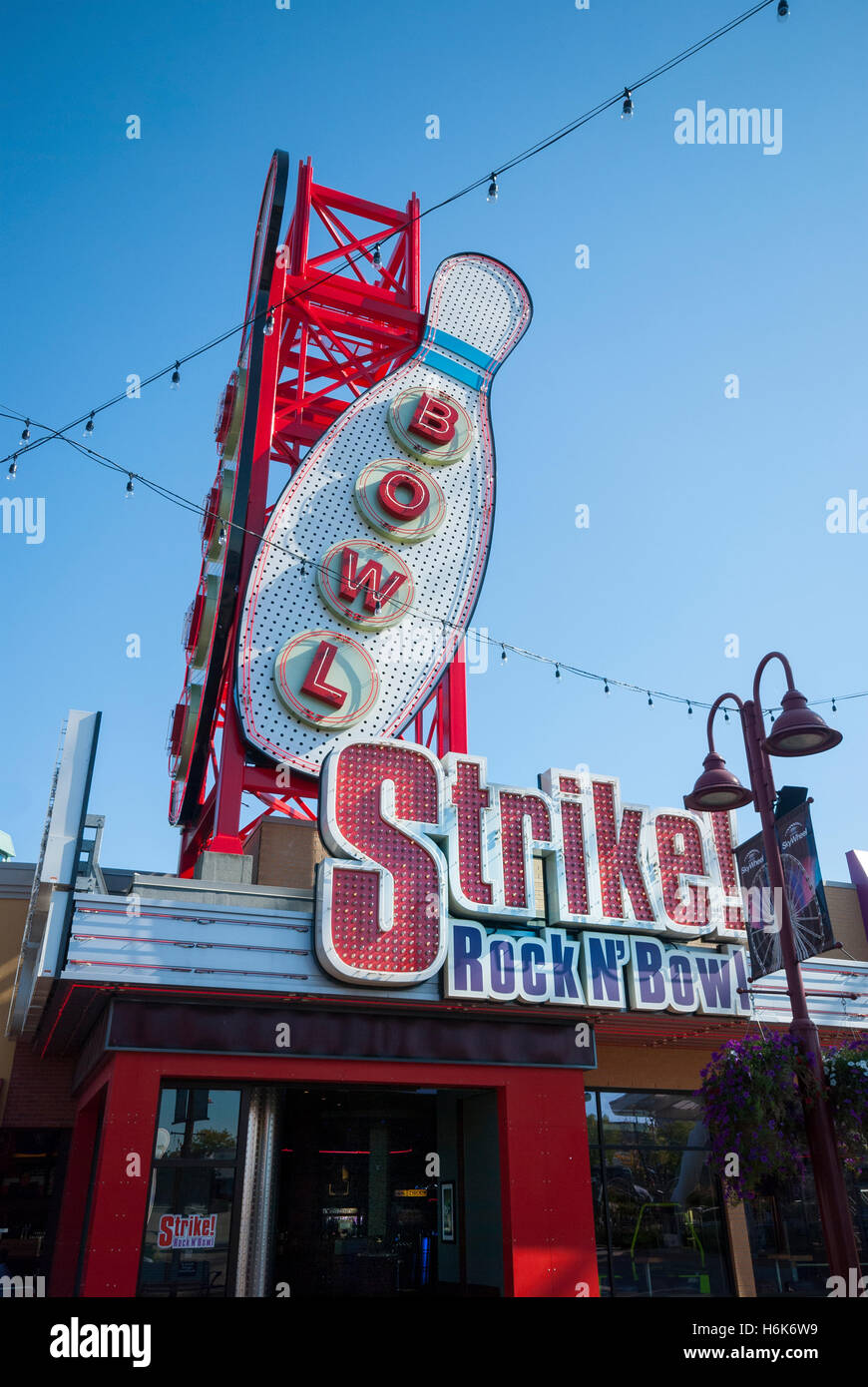 A bowling alley sign for Rock n' Bowl, a tourist attraction adjacent to Clifton Hill in Niagara Falls Canada Stock Photo