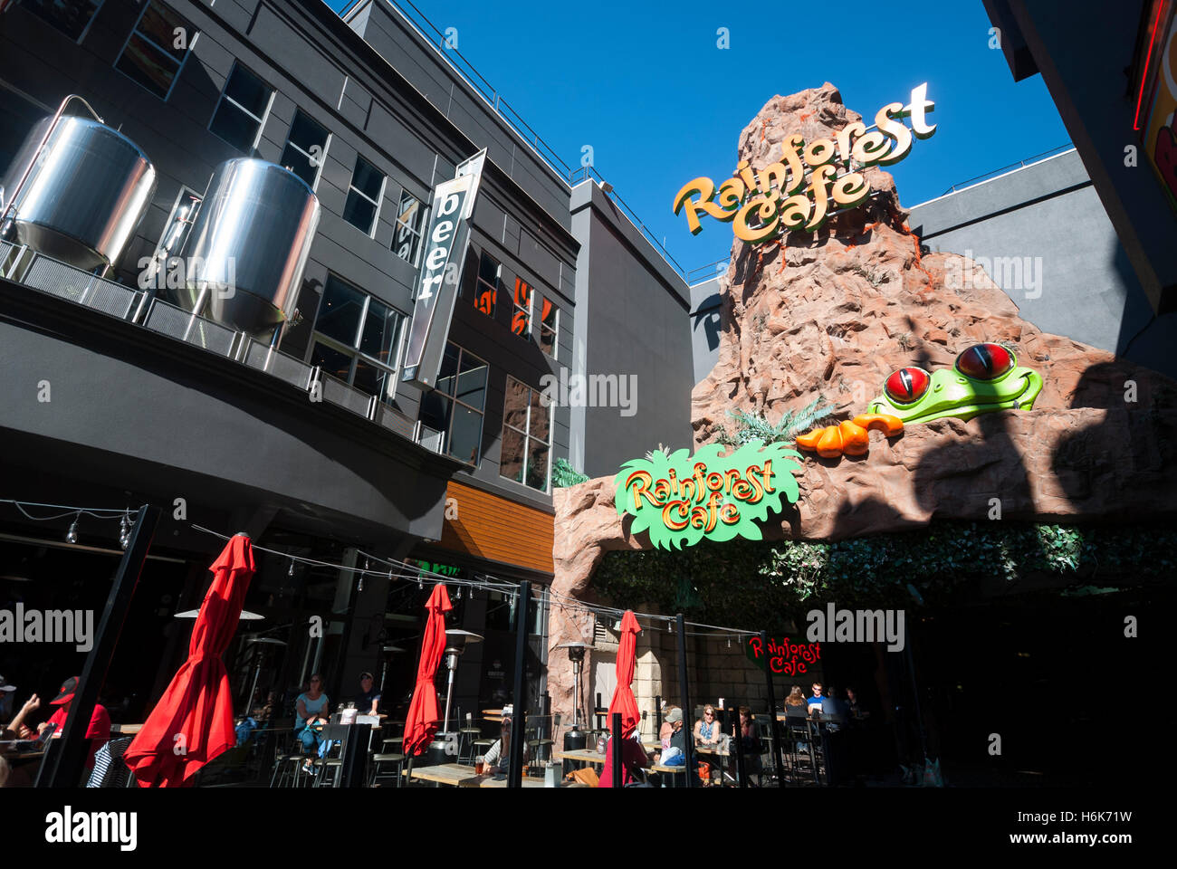 The entrance to the Rainforest Cafe  a tropical themed restaurant on Clifton Hill, Niagara Falls Canada Stock Photo