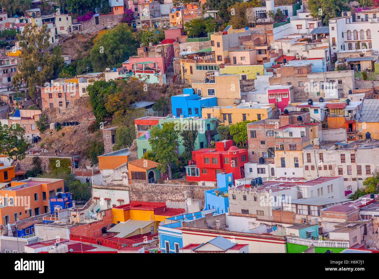 Many Colored Orange Blue Red Houses of Guanajuato Mexico Stock Photo