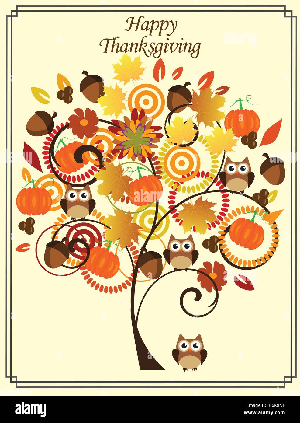 vector illustration of a thanksgiving day card with tree, owls, pumpkins Stock Vector