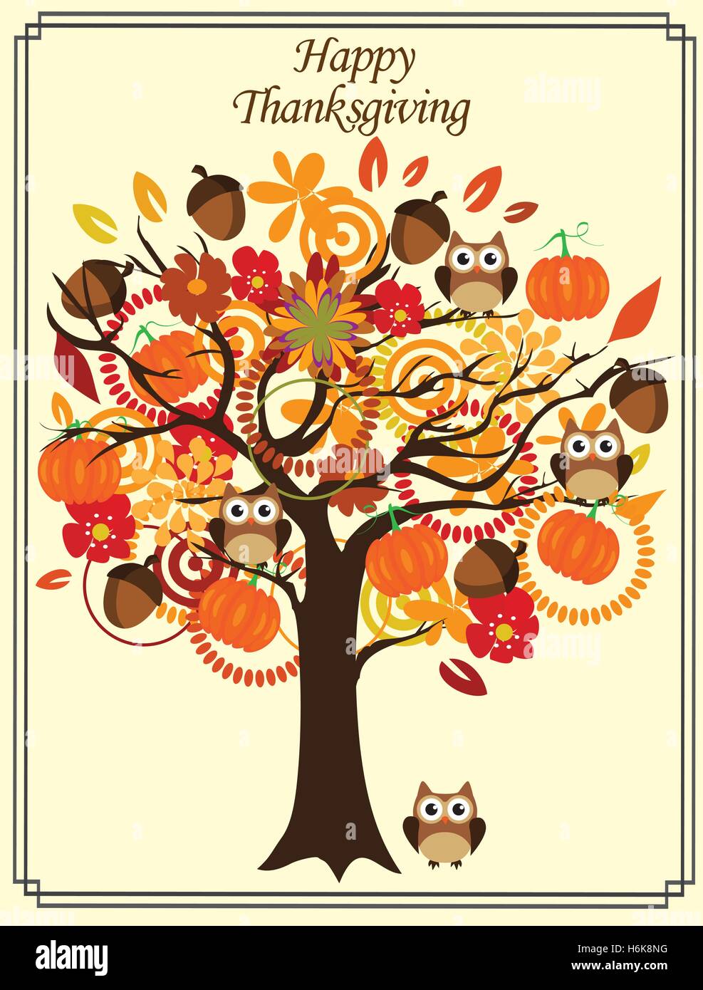 vector illustration of a thanksgiving day card with tree, owls, pumpkins Stock Vector