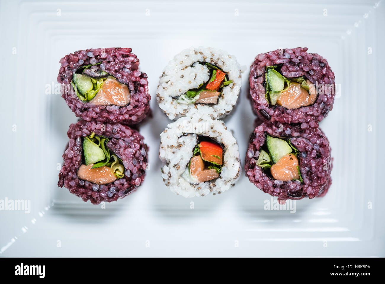 black rice and chia seed sushi, novelthy healthy food, overhead view Stock Photo