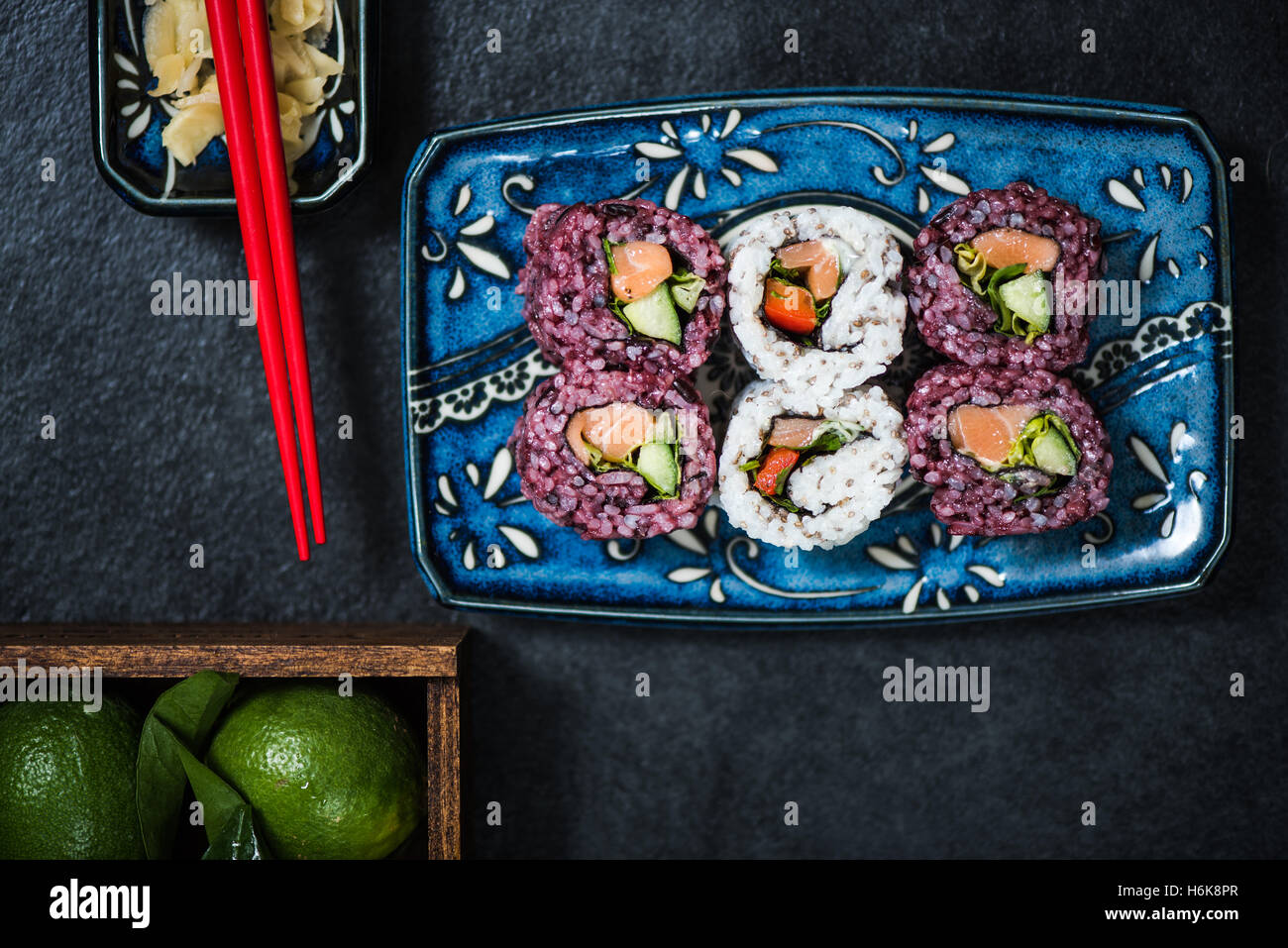 black rice and chia seed sushi, novelthy healthy food, overhead view Stock Photo