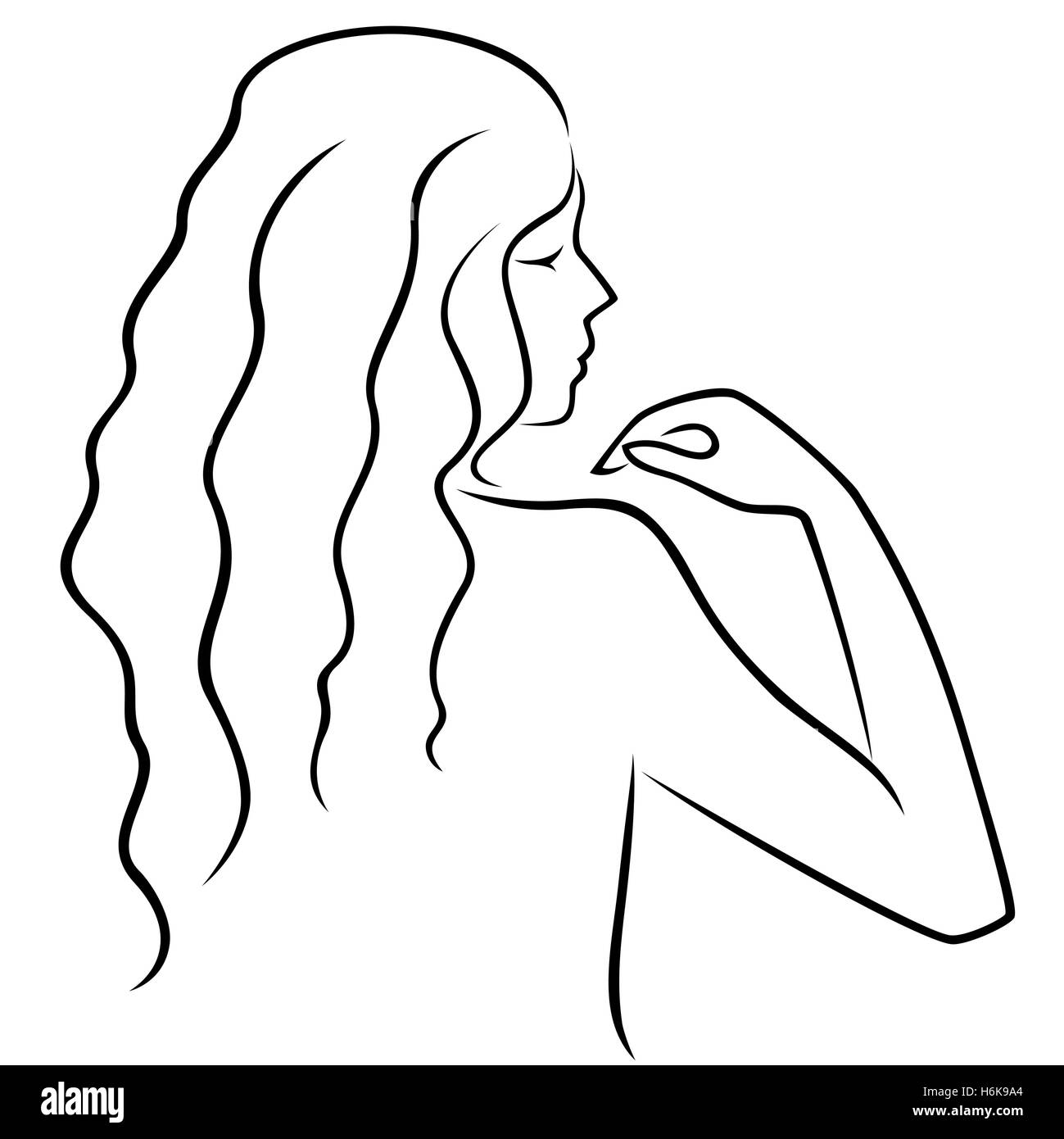 Abstract hand gesticulating women with long locks, view from the back, hand drawing vector outline Stock Vector