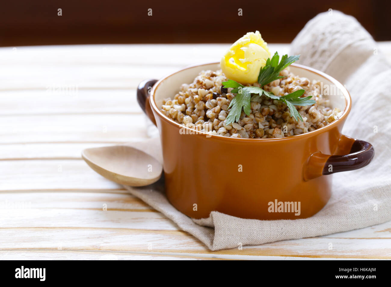 Natural organic buckwheat cereal. Boiled buckwheat porridge in a pot Stock Photo Alamy
