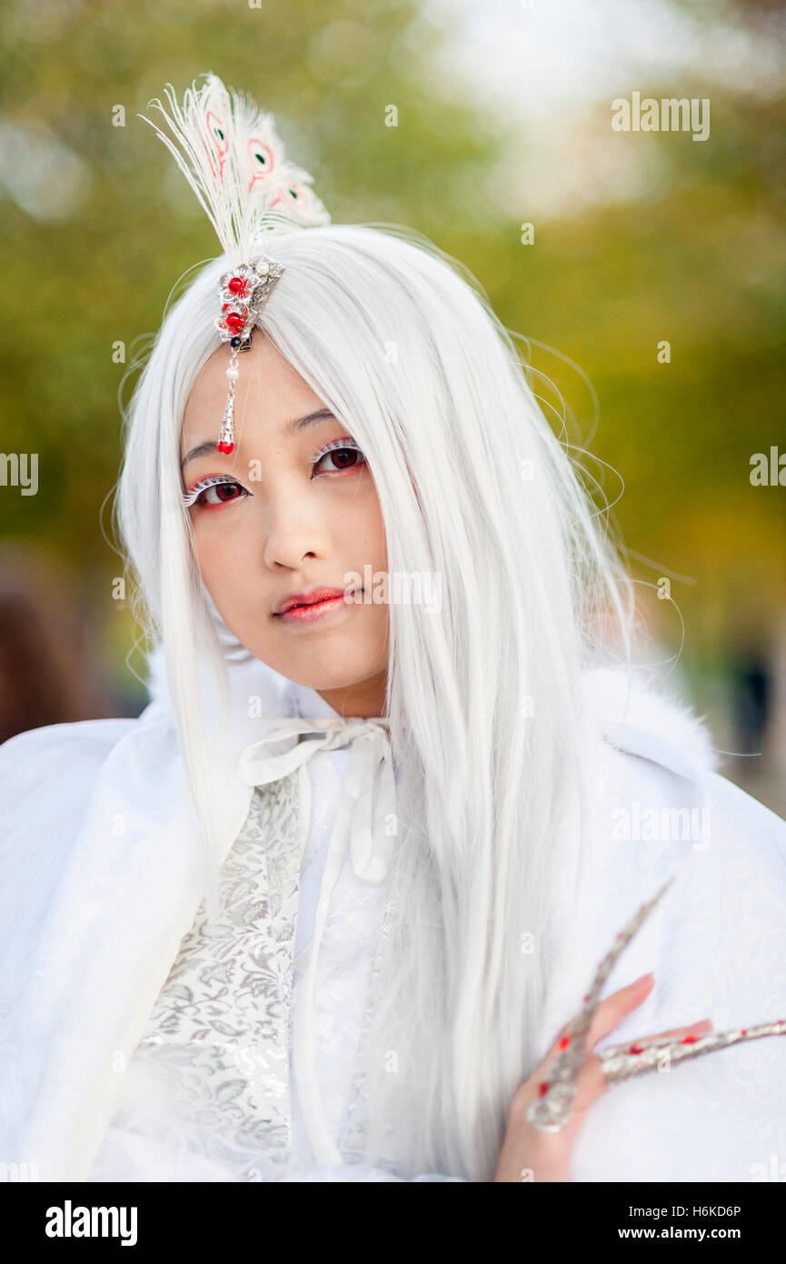 London, UK. 30 October 2016. A girl dresses as Lord Shen from Kung Fu Panda  II, as cosplay, anime, games and movie fans attend the popular MCM Comic  Con festival at Excel
