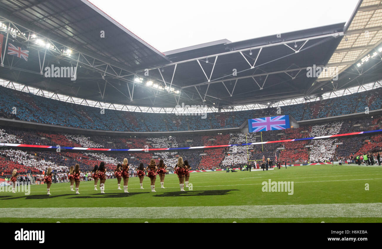 London, UK. 27 October 2019. Union Jack during the UK national anthem ahead  of the NFL match Cincinnati Bengals v Los Angeles Rams at Wembley Stadium,  game 3 of this year's NFL