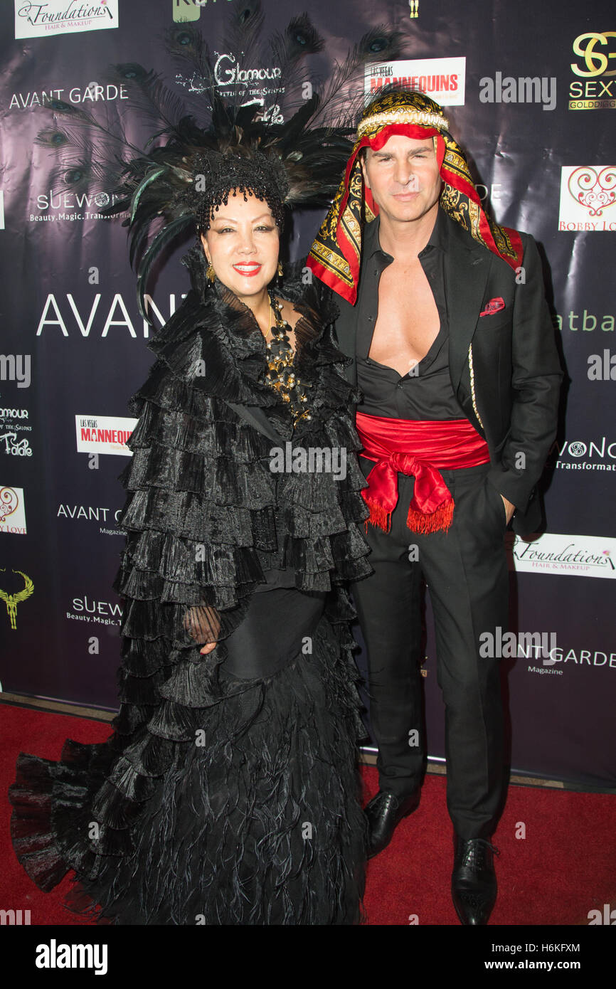 Los Angeles, California USA. 29th October, 2016. Fashion designer Sue Wong and actor Vincent De Paul attend Avant Garde Magazine's 2nd Annual Masquerade Ball 2016 held at The Majestic Downtown LA in Los Angeles, California USA. @ Sheri Determan / Alamy Live News Stock Photo
