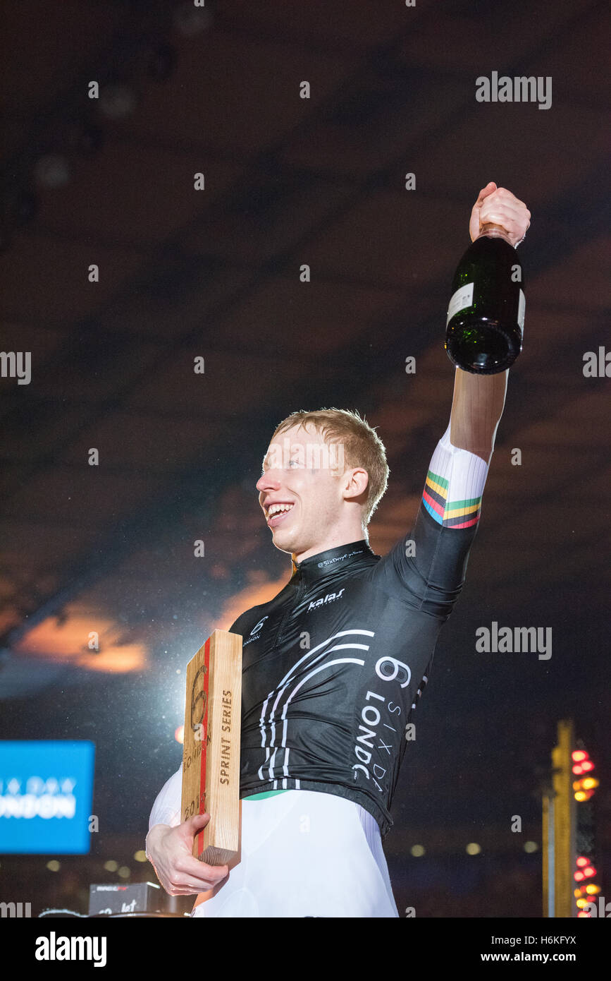 London, UK, 30 October 2016.  Winner of the 200m Flying TT Sprinters Joachim Eilers, celebrating the win at Six Day London. Credit: pmgimaging/Alamy Live News Stock Photo