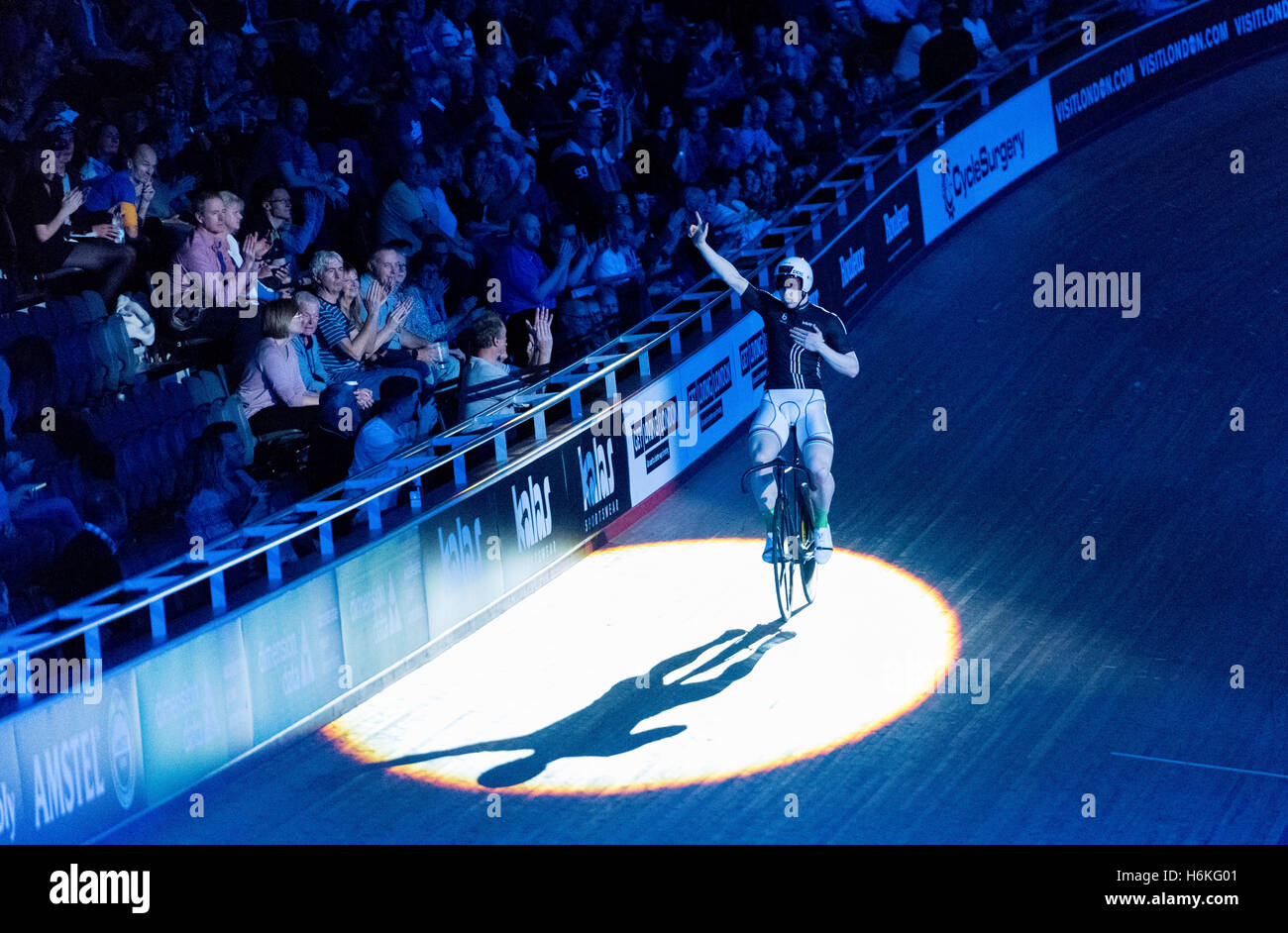 London, UK, 30 October 2016. Winner of the 200m Flying TT Sprinters Joachim Eilers, celebrating the win at Six Day London. Credit: pmgimaging/Alamy Live News Stock Photo