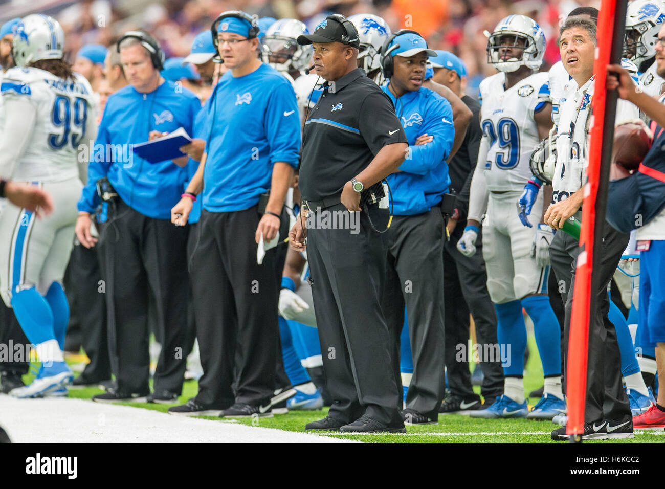 Houston, Texas, USA. 30th Oct, 2016. Detroit Lions head coach Jim Caldwell watches during the 2nd quarter of an NFL game between the Houston Texans and the Detroit Lions at NRG Stadium in Houston, TX on October 30th, 2016. The Texans won the game 20-13. Credit:  Trask Smith/ZUMA Wire/Alamy Live News Stock Photo