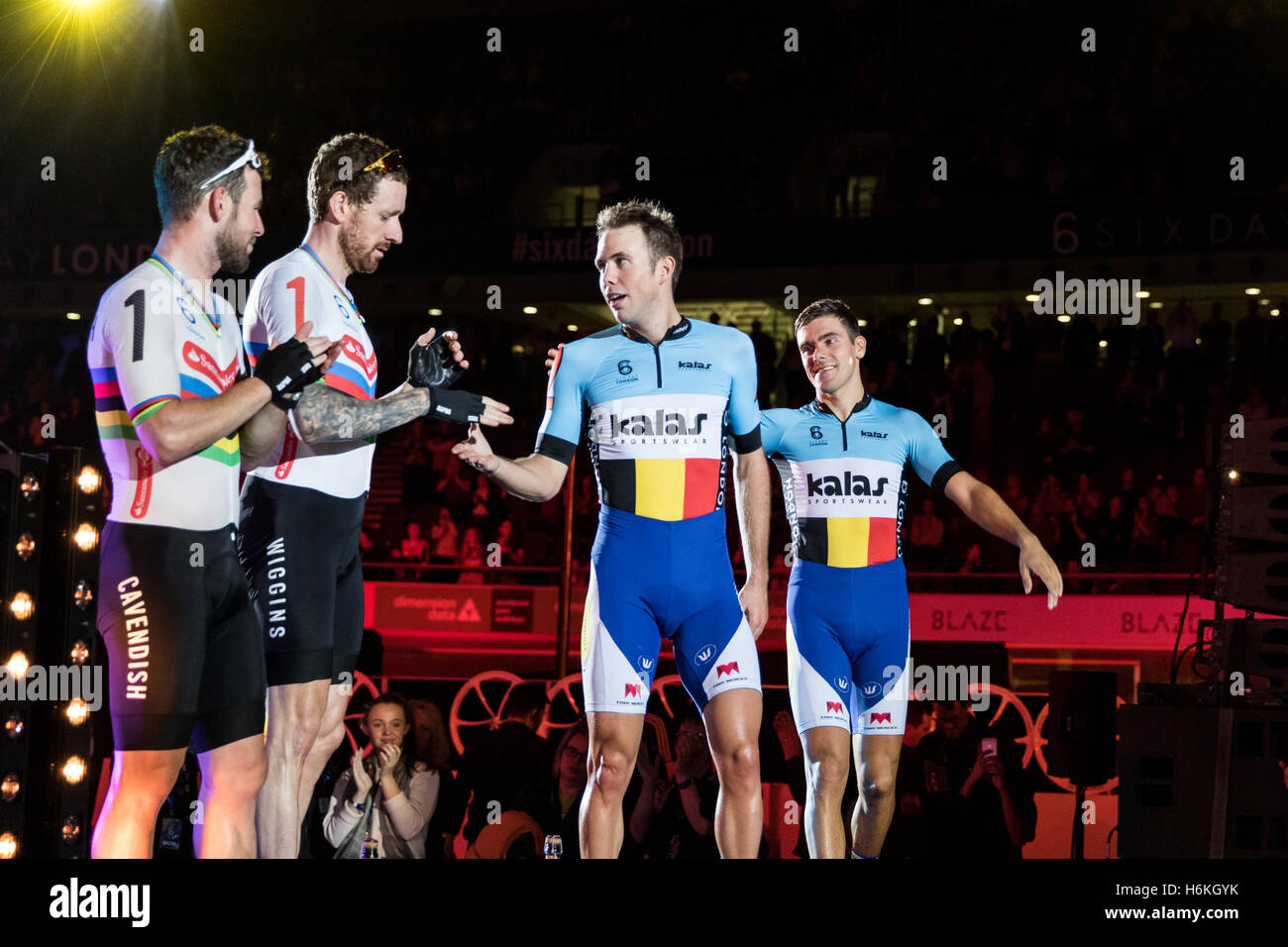 London, UK  30th October, 2016.   Cyclists compete  in the final day of  the London Six Day cycling event.  Bradley Wiggins and Mark Cavendish finish second and De Ketele and De Pauw win the event overall.  Lee Valley Velodrome, Olympic Park, London, UK. Copyright Carol Moir/Alamy Live News. Stock Photo